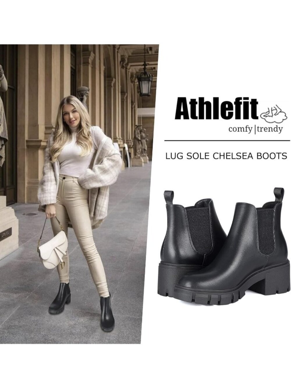 Women's Chelsea Boots Fashion Lug Sole Chunky Heel Slip Ankle Booties Black - Picture 2 of 6